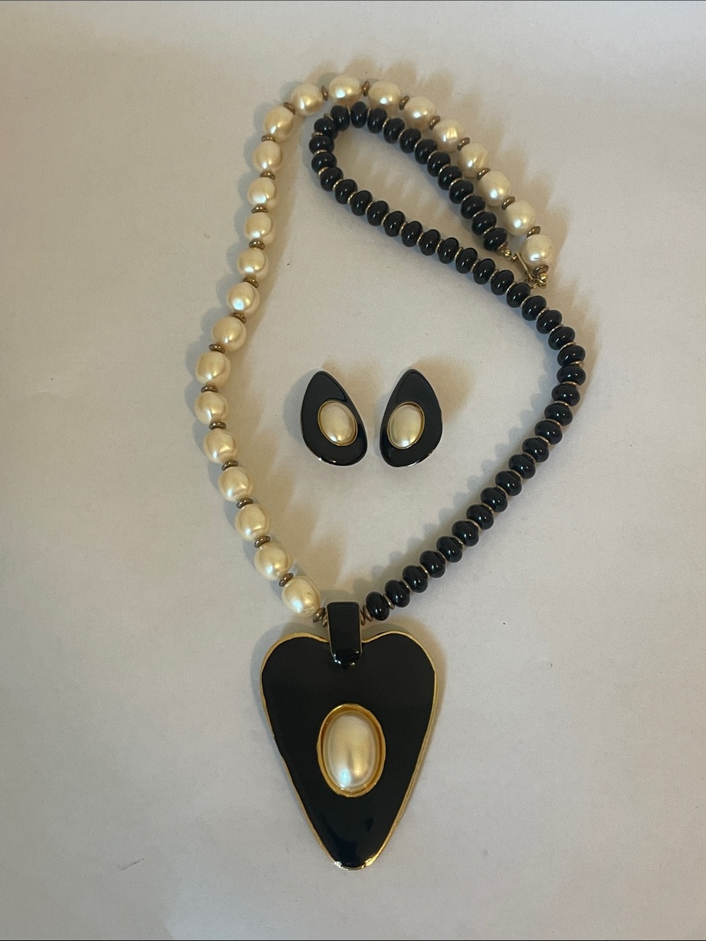 Vintage Carol Dauplaise Art Deco Necklace and Earrings Set Black White Gold Tone
